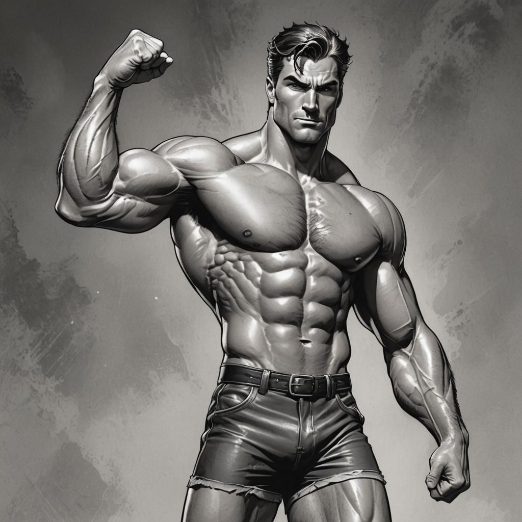 Muscular Man Posing in Grayscale: Comic Book Art