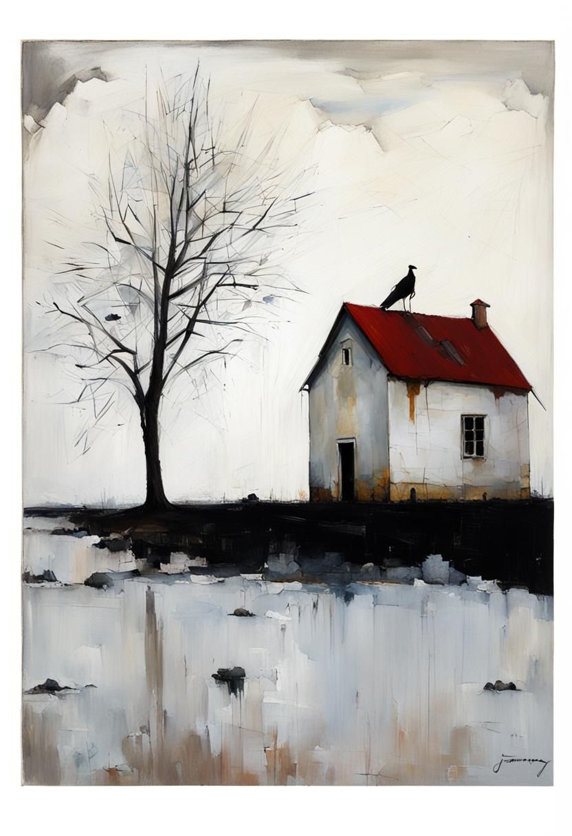 Lonely white house with black roof, sitting on a chunk of la...