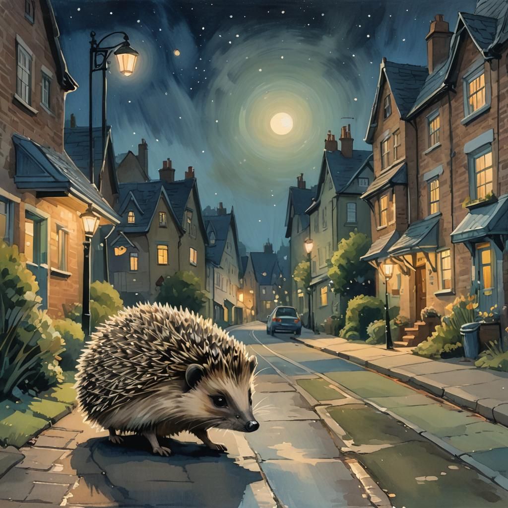 Hedgehog's Night Walk: A Gouache Painting