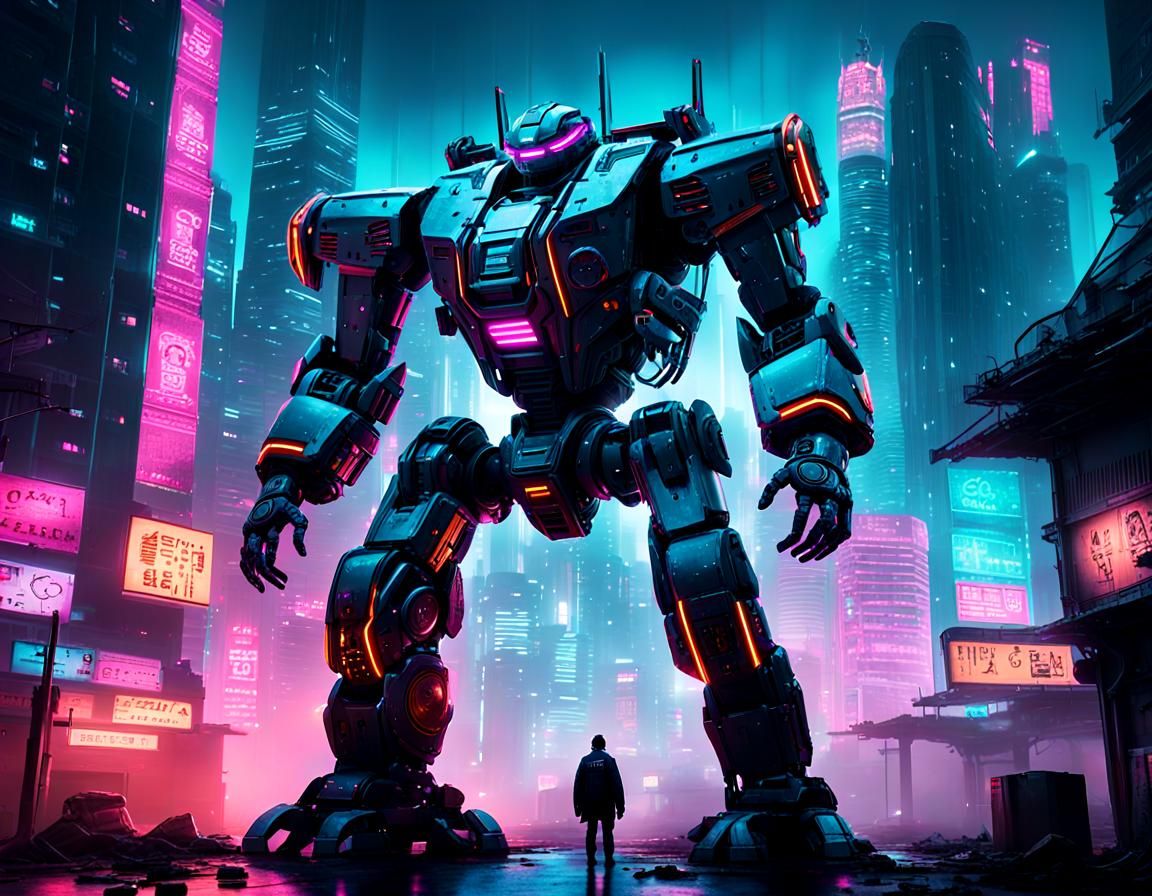 Cyberpunk Mech in Neon-Lit Cityscape