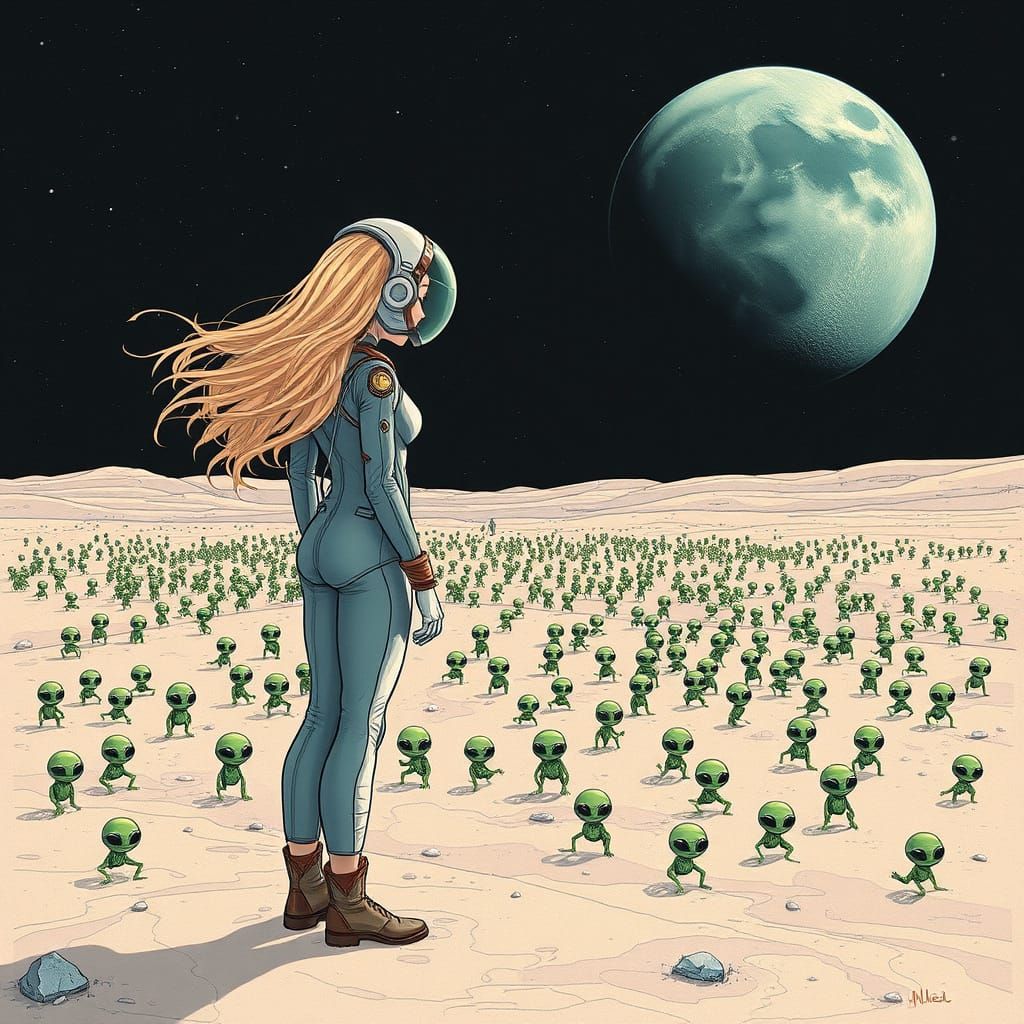 Girl in Astronaut Suit on the Moon's Surface