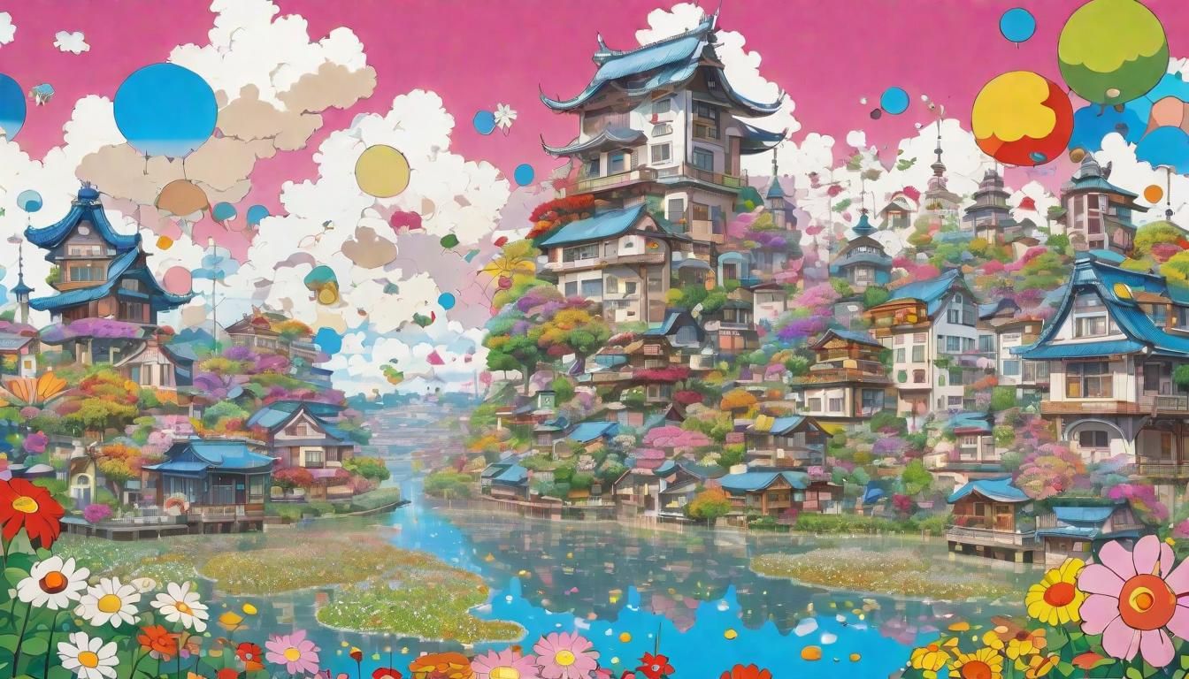 Utopian City in Sunny Sky, Murakami-inspired Art