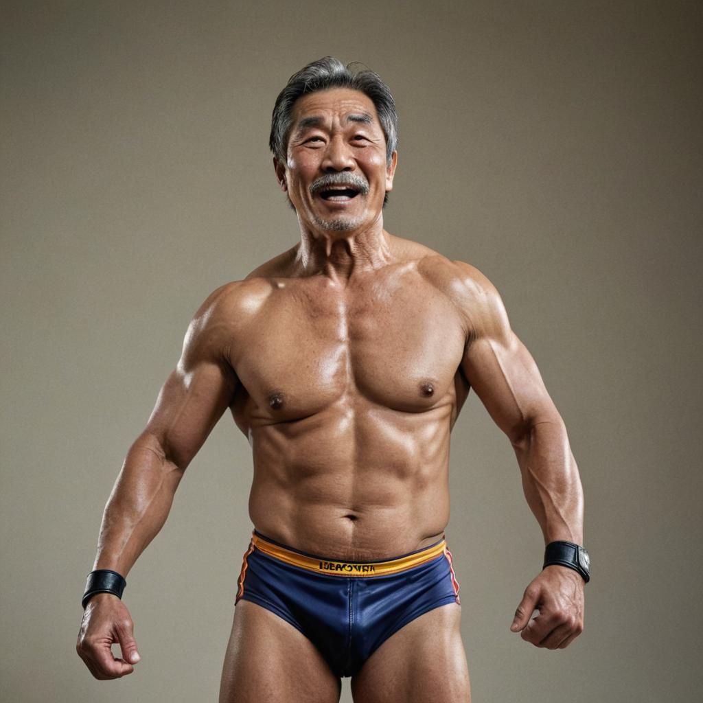 Muscular Japanese Wrestler Victory Pose Portrait