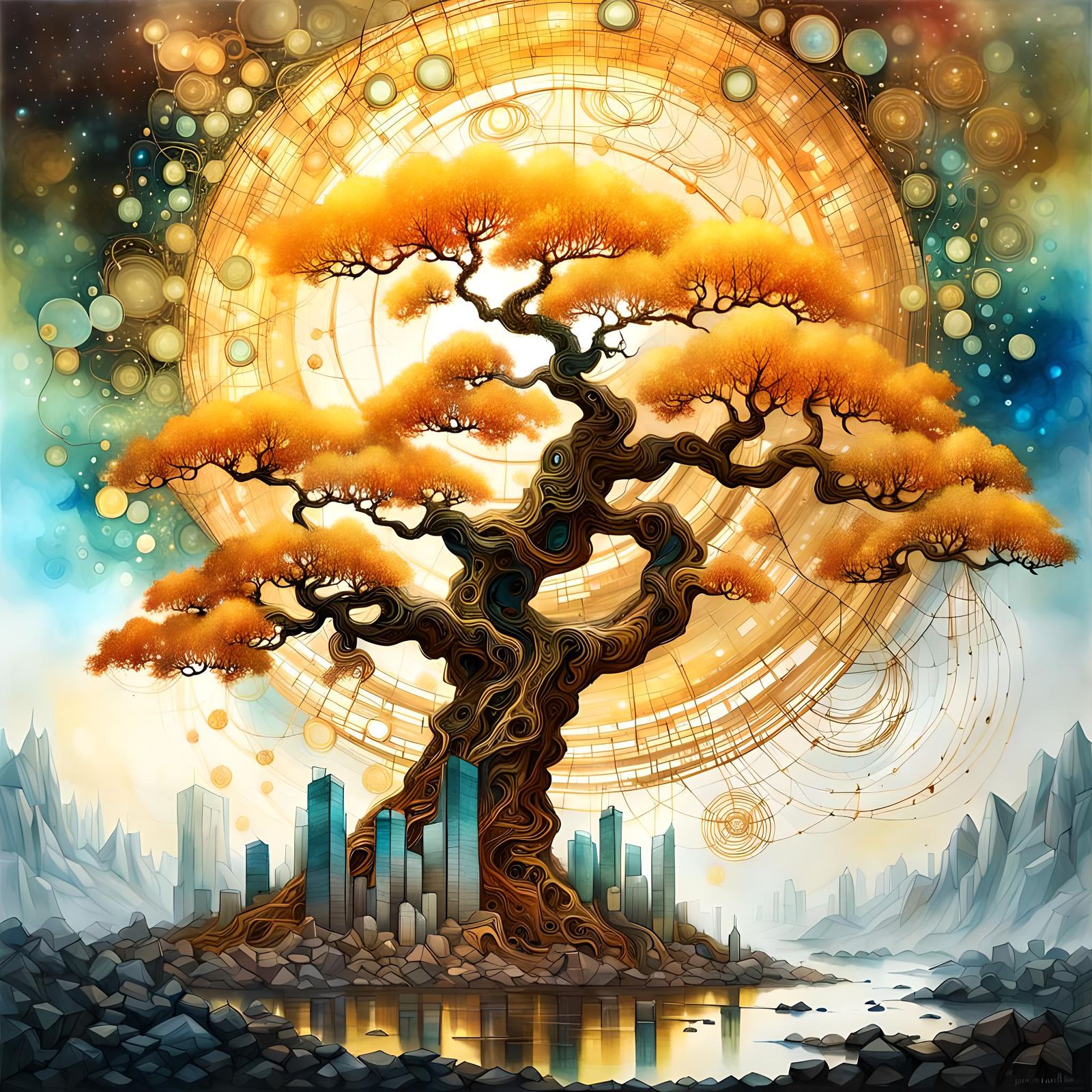 Sacred Birch Tree Portal in Alcohol Ink Style