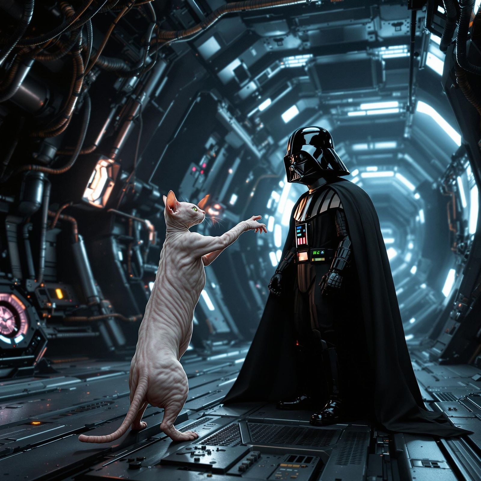 Cyberpunk Cat Confronts Darth Vader in Epic Star Wars Battle