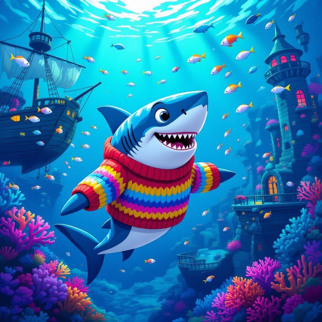 Shark in Sweater Explores Glowing Coral City