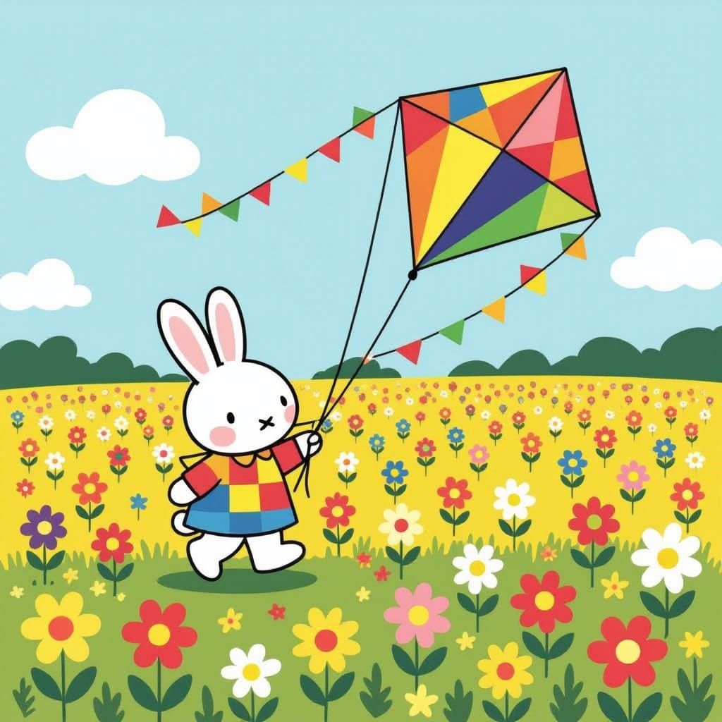 Miffy Rabbit Flies Rainbow Kite in Sunny Flower Field