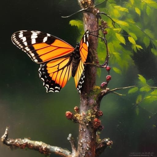 Intricate Butterfly in Rain, Detailed Oil Painting