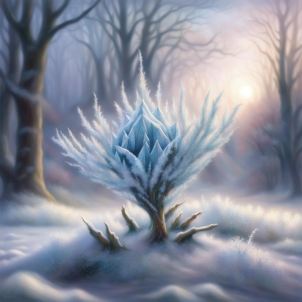 Ethereal Frozen Snow Flower in Hyperdetailed Mist