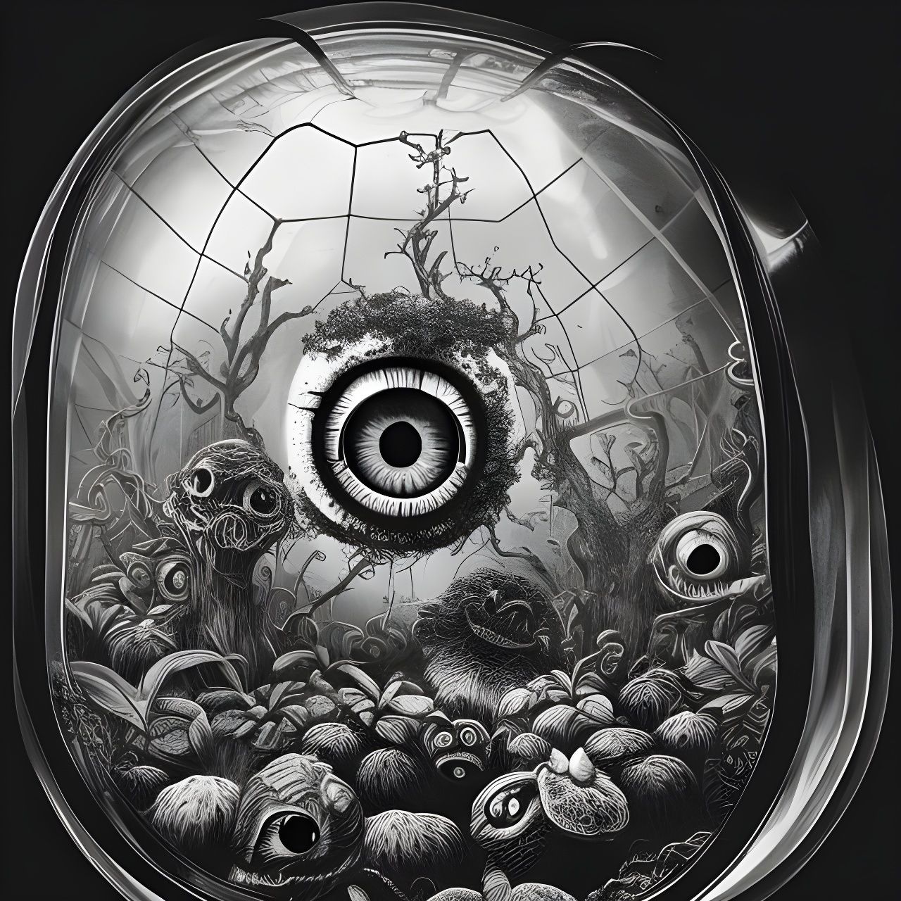 Hyperrealistic Eyeballs in Terrarium, Detailed Focus