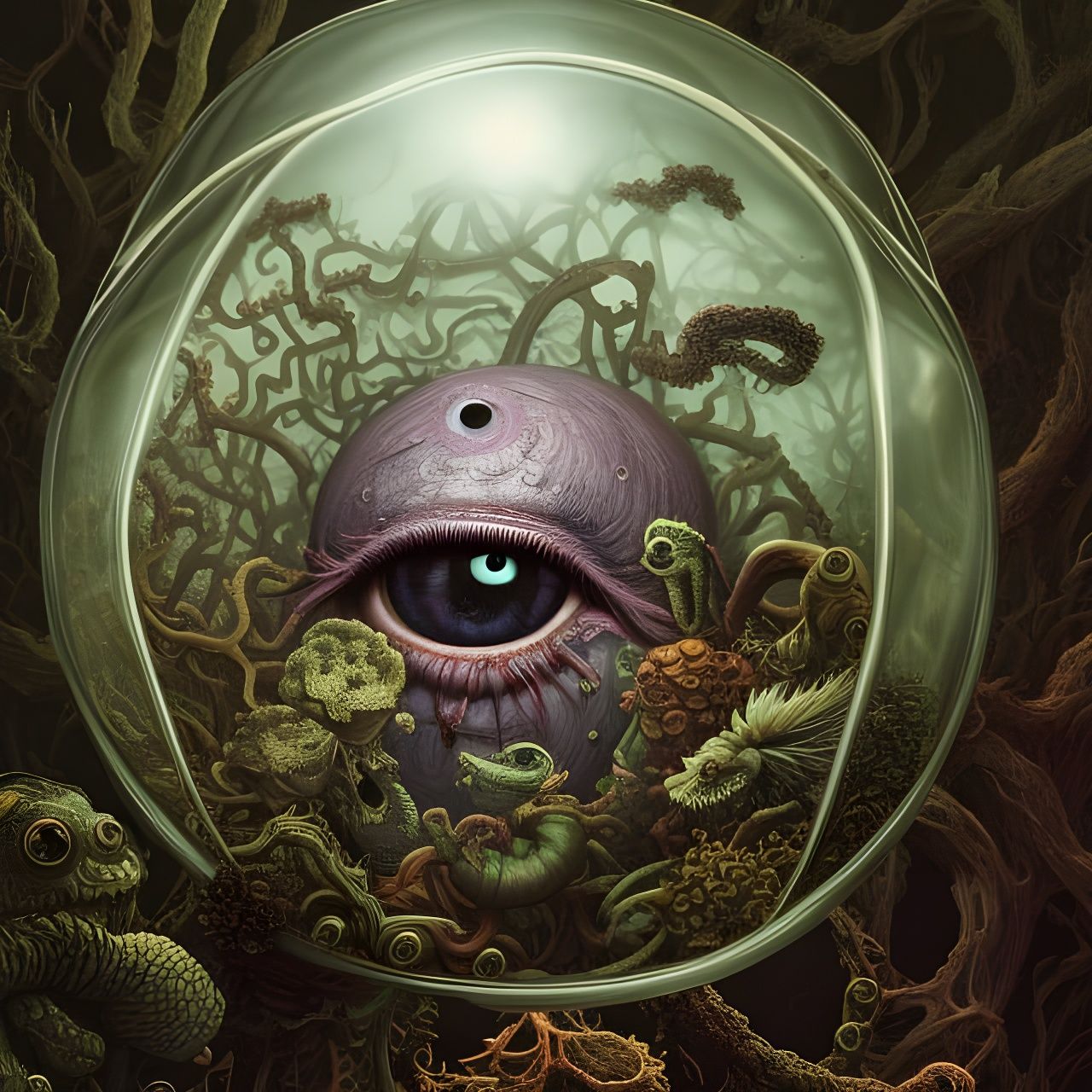 Creepy Eyeballs in Terrarium: Hyperrealistic 8K