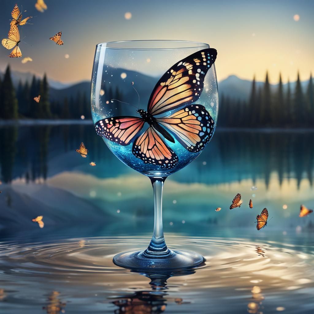 Wine Glass and Butterfly Dance on Shimmering Lake