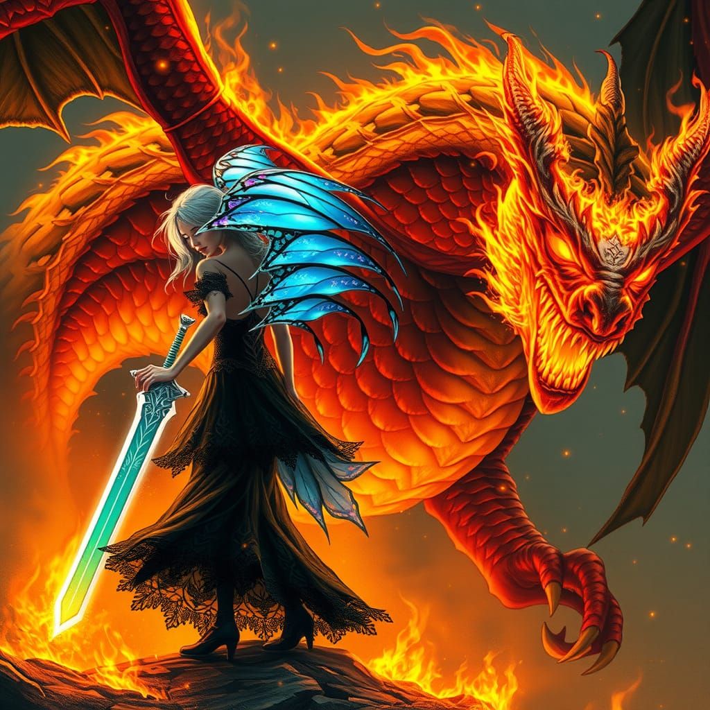 Emo Fairy Confronts Fire Dragon in Mystical Realm