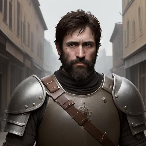 Weathered Soldier Portrait in Ruined City