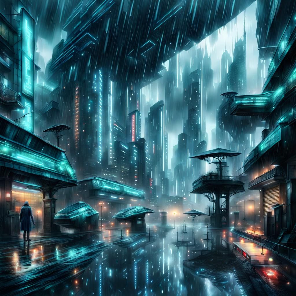 Futuristic City Rainstorm: Digital Matte Painting