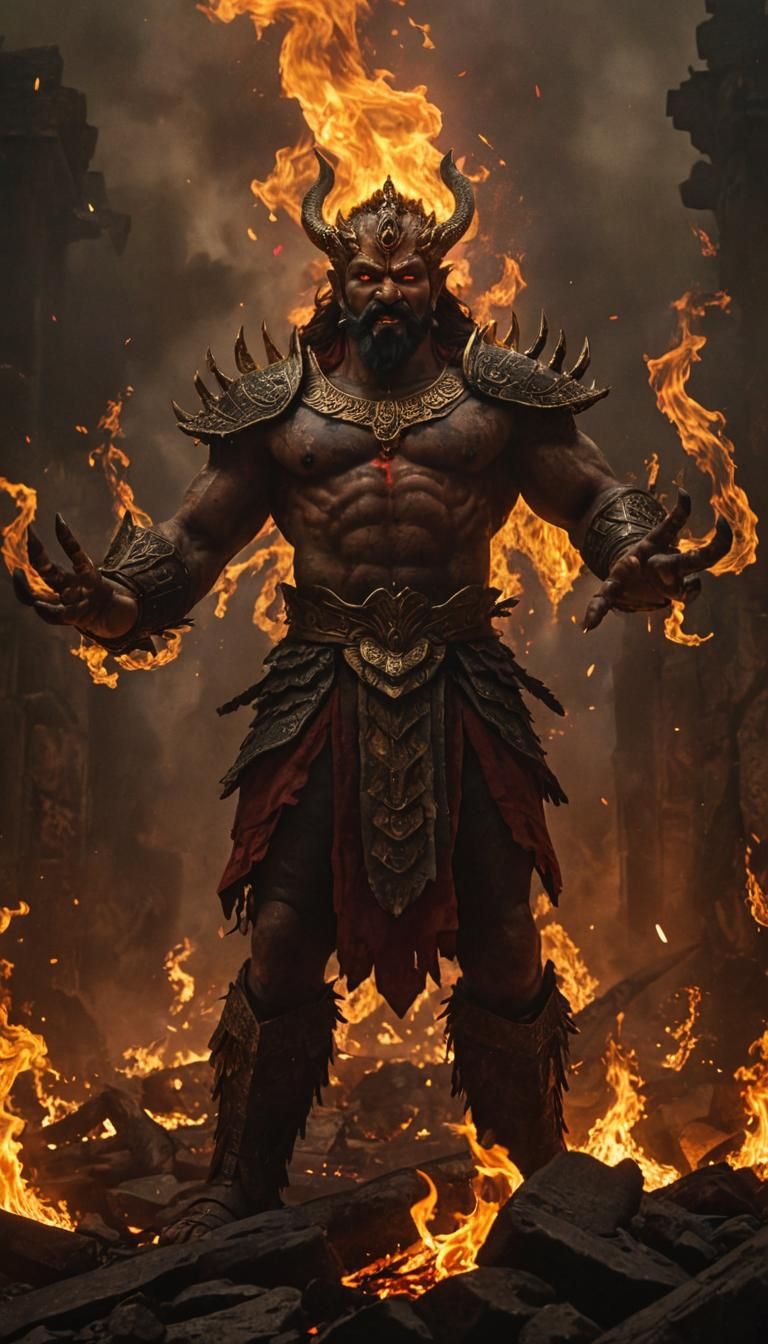 Ravana Amidst Blazing Inferno: Epic Fantasy Art