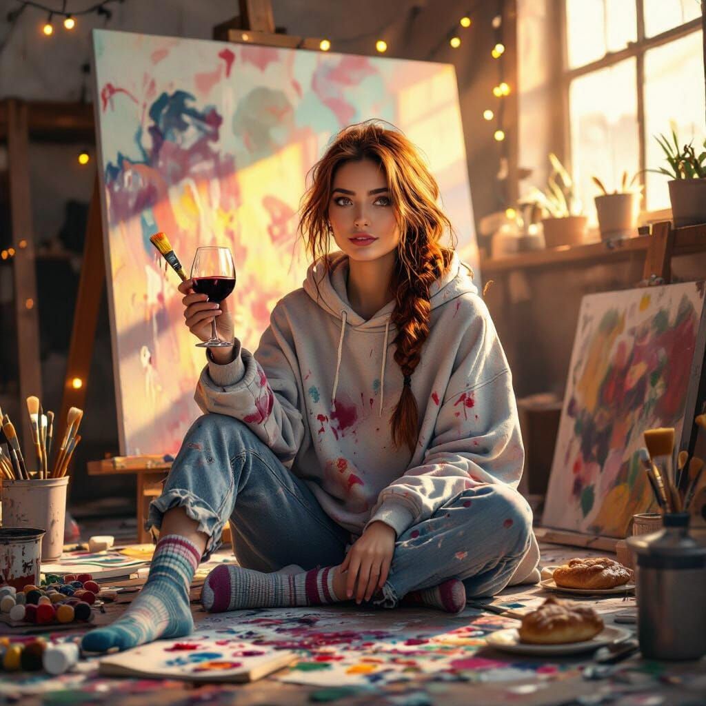 Hyperrealistic Woman in Artist's Loft at Twilight