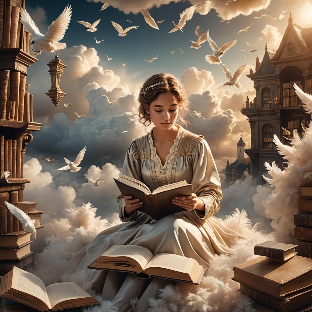Feathered Books in Cloud Library: Ethereal Matte Painting