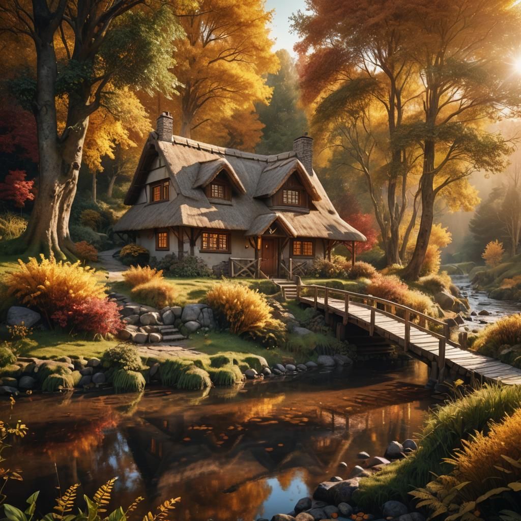 Fantasy Cottage in Autumn Forest at Golden Hour