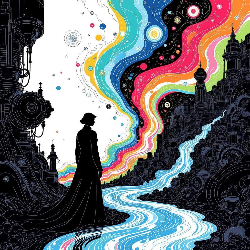 Figure Amidst Machinery in Ornate Realism Style