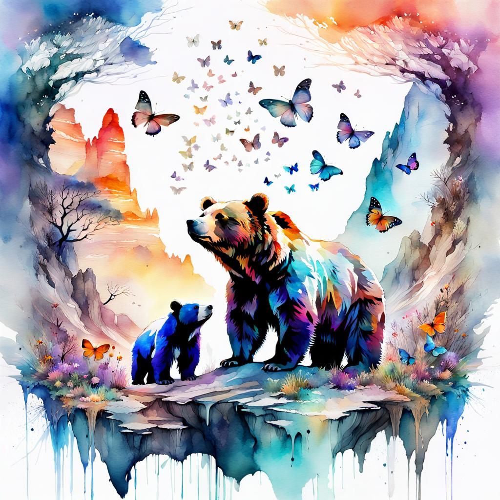 Cute Baby Bears in Spring Fantasy, Watercolor Art