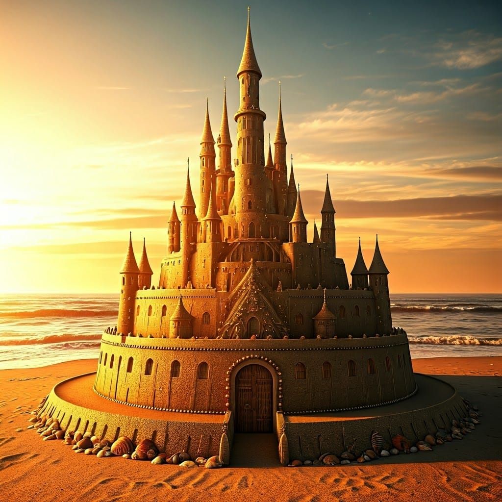 Golden Sandcastle on the Beach at Sunset