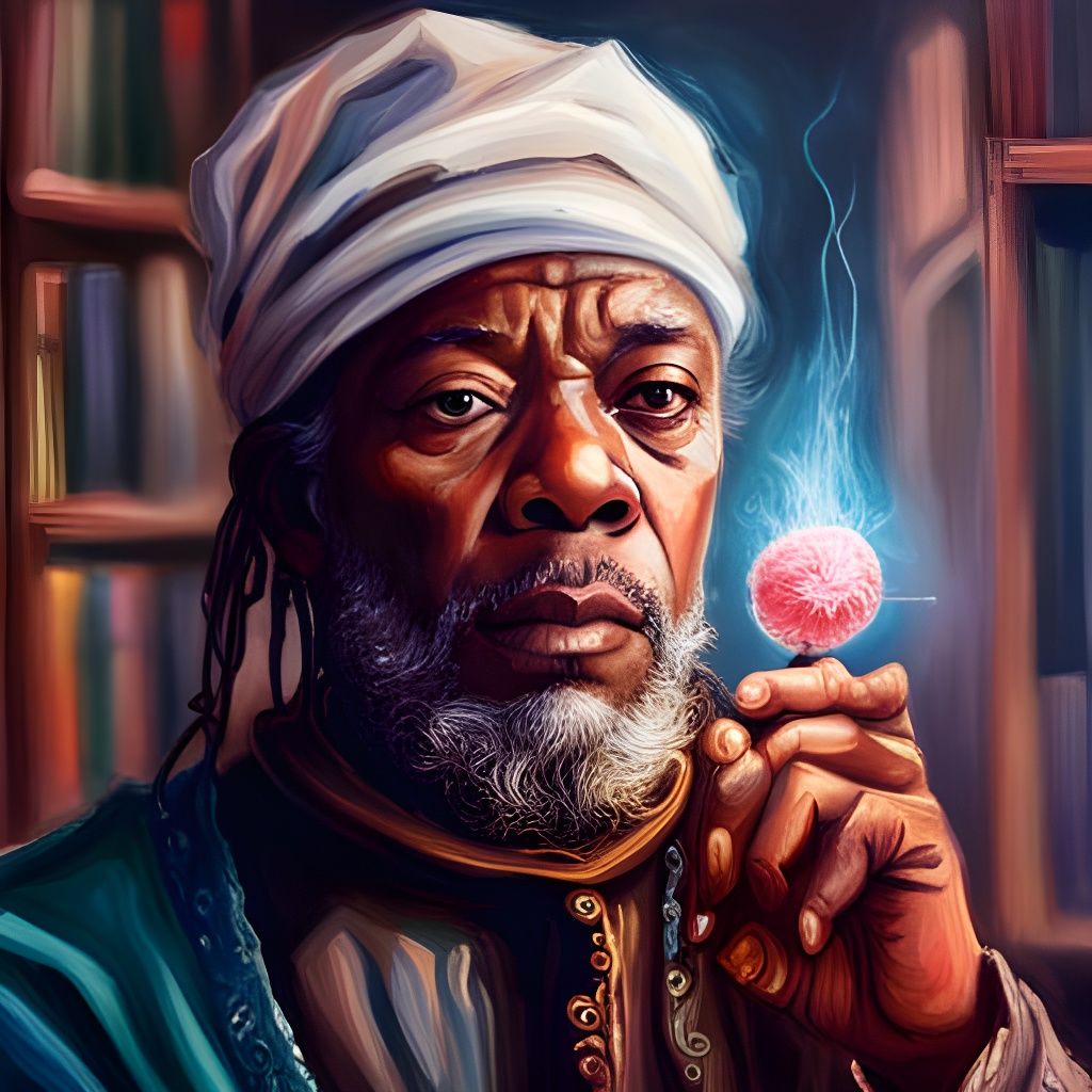 Wizard Holding Plasma Ball in Library: Detailed Digital Pain...