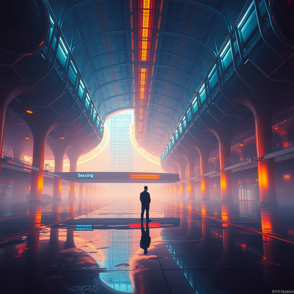 Surreal Airport Security Guard in Futuristic Landscape