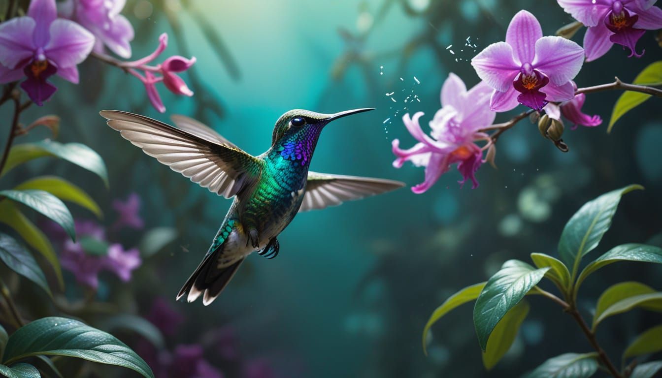 Hummingbird and Digital Orchid in Shimmering Light