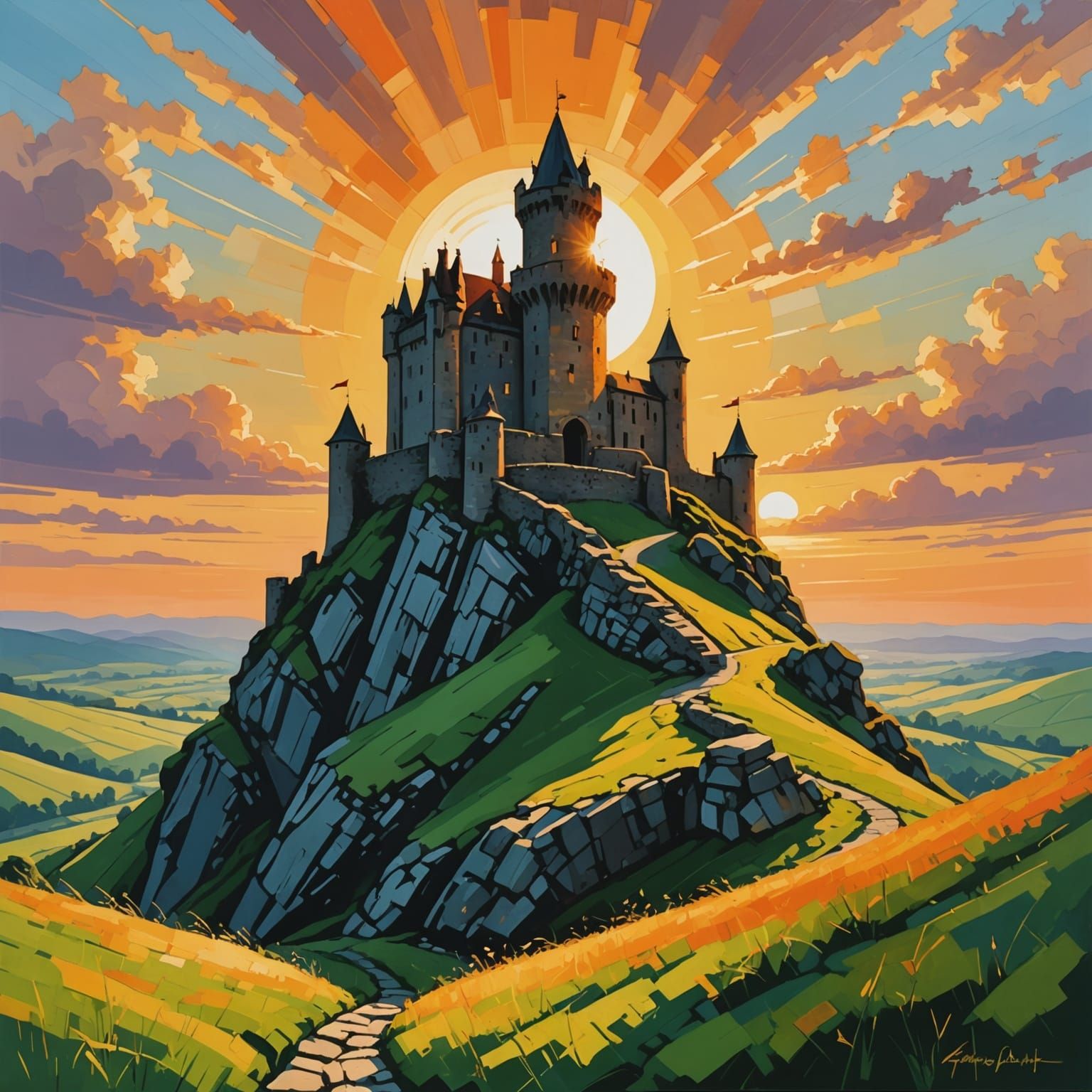 Castle Keep at Sunset in Vibrant Abstract Art