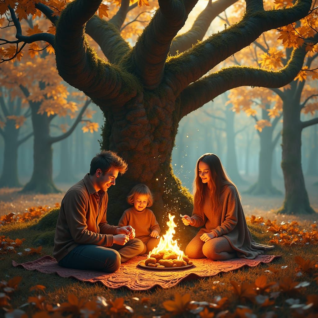Enchanted Autumn Family Picnic: Fantasy Matte Painting