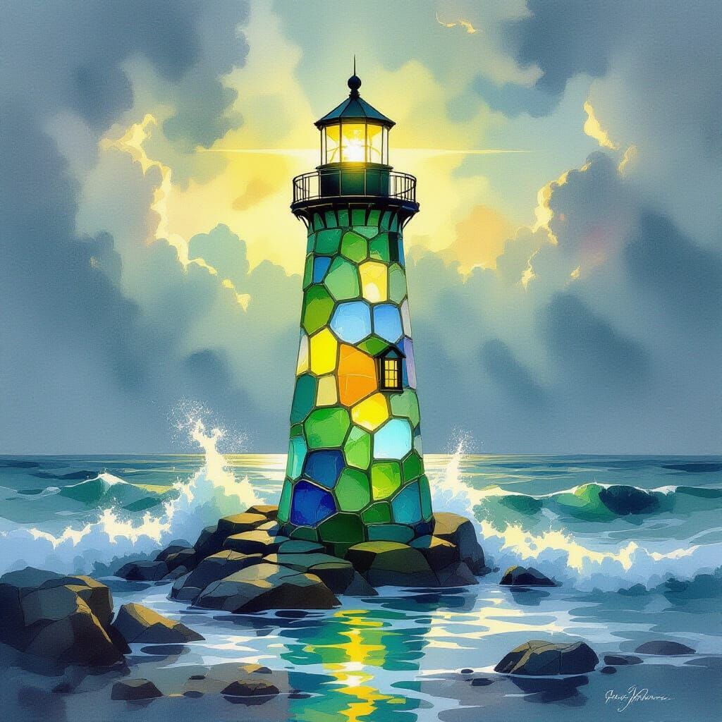 Sea Glass Lighthouse Glowing on Stormy Seas