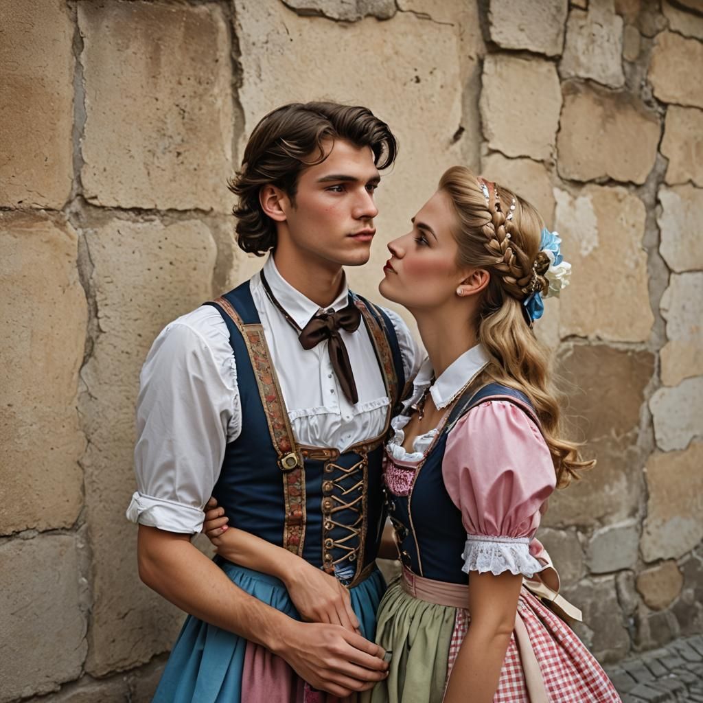 Young Woman Kissing Man in Bavarian Oktoberfest Dress