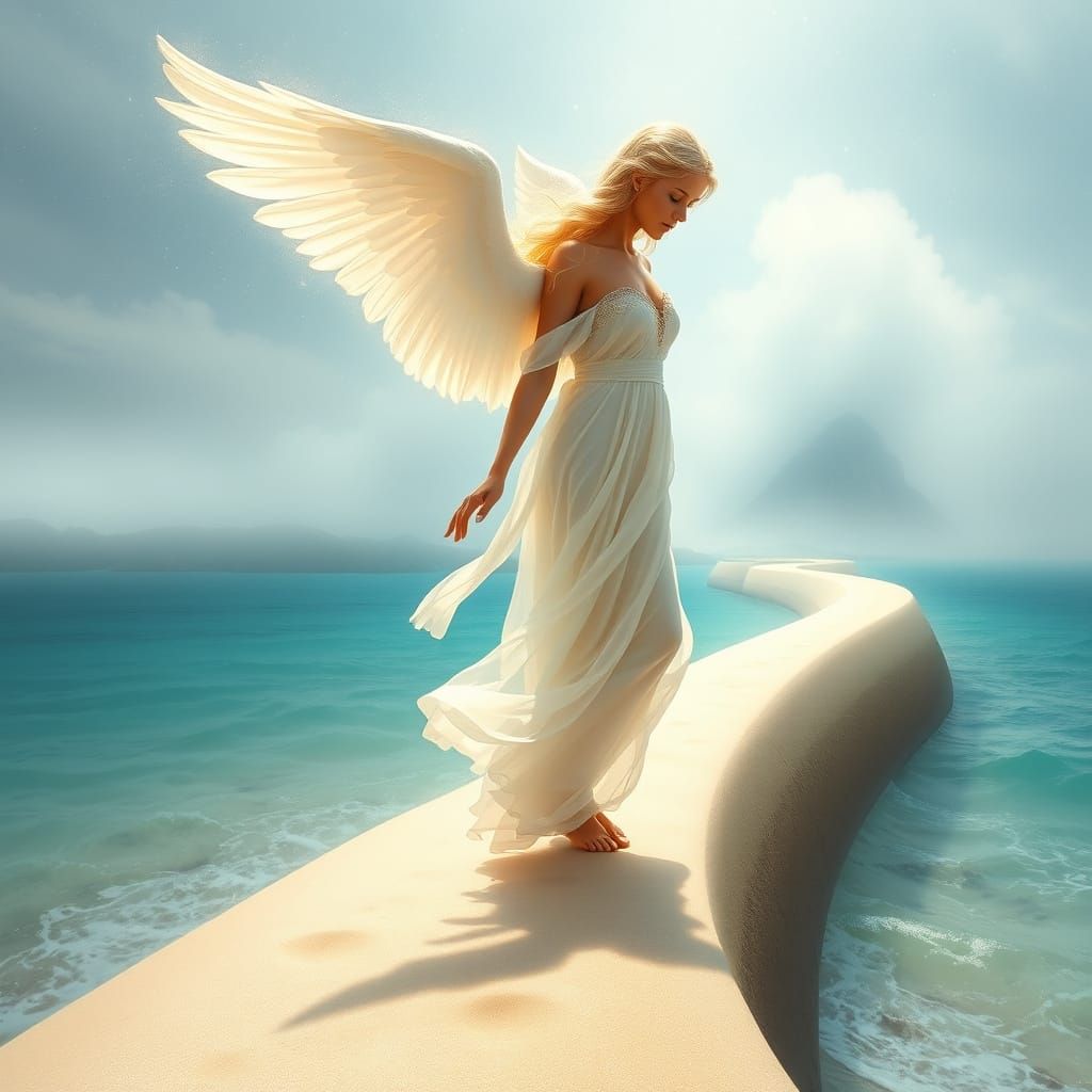 Ethereal Angel Walks Across Turquoise Sea to Mystical Island