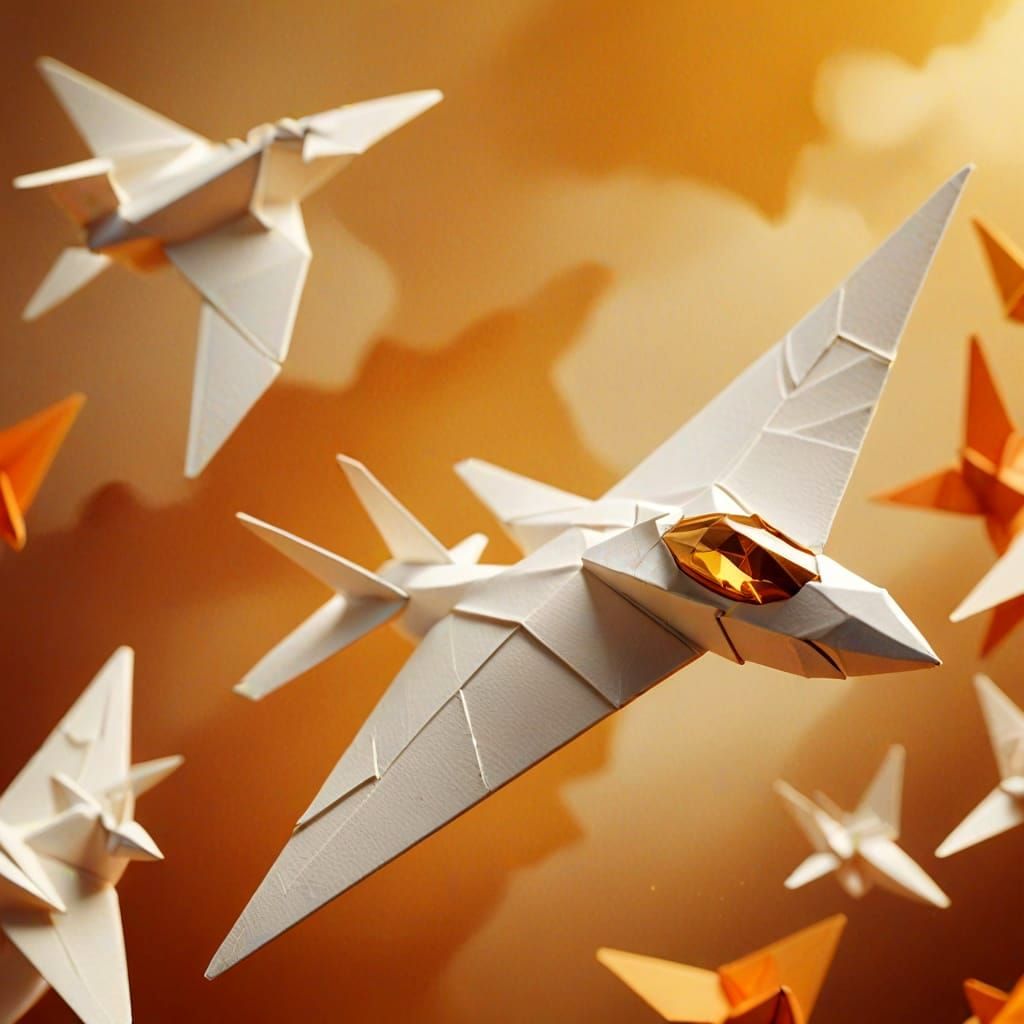 White Origami Airplane Flies at Sunset
