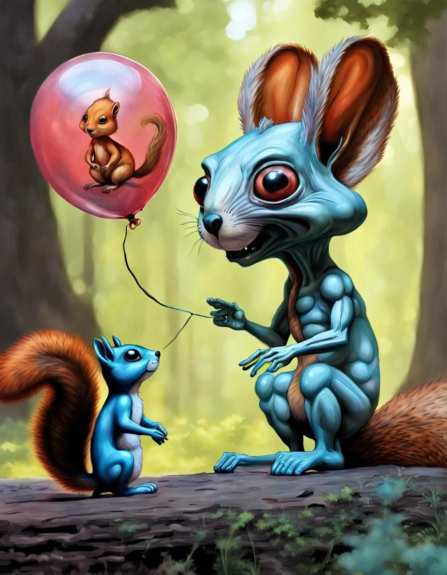 Alien and Squirrel Conversation: Hyperrealistic Acrylic Art
