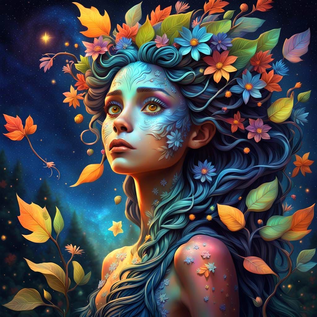 Colorful Dryad in Starry Night, Pixar Style