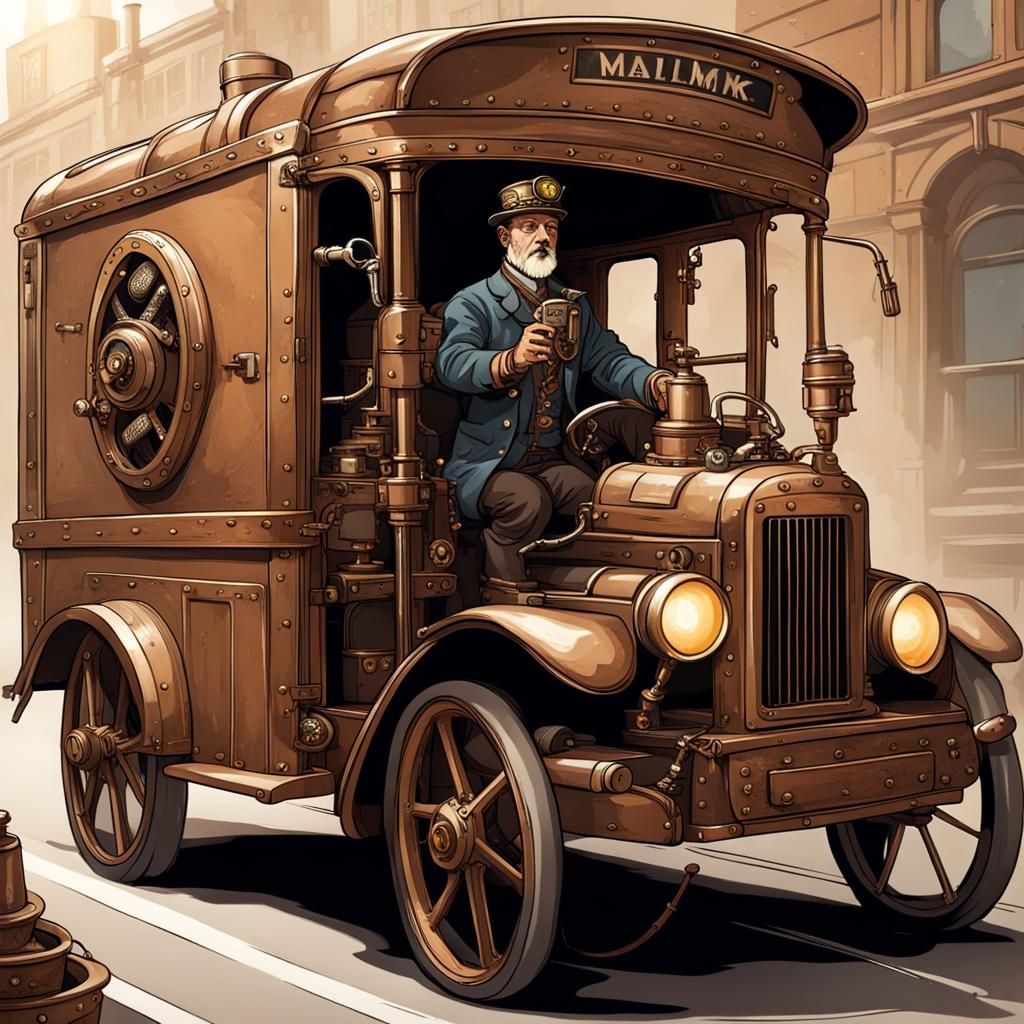 Steampunk Mailman Driving a Mail Truck