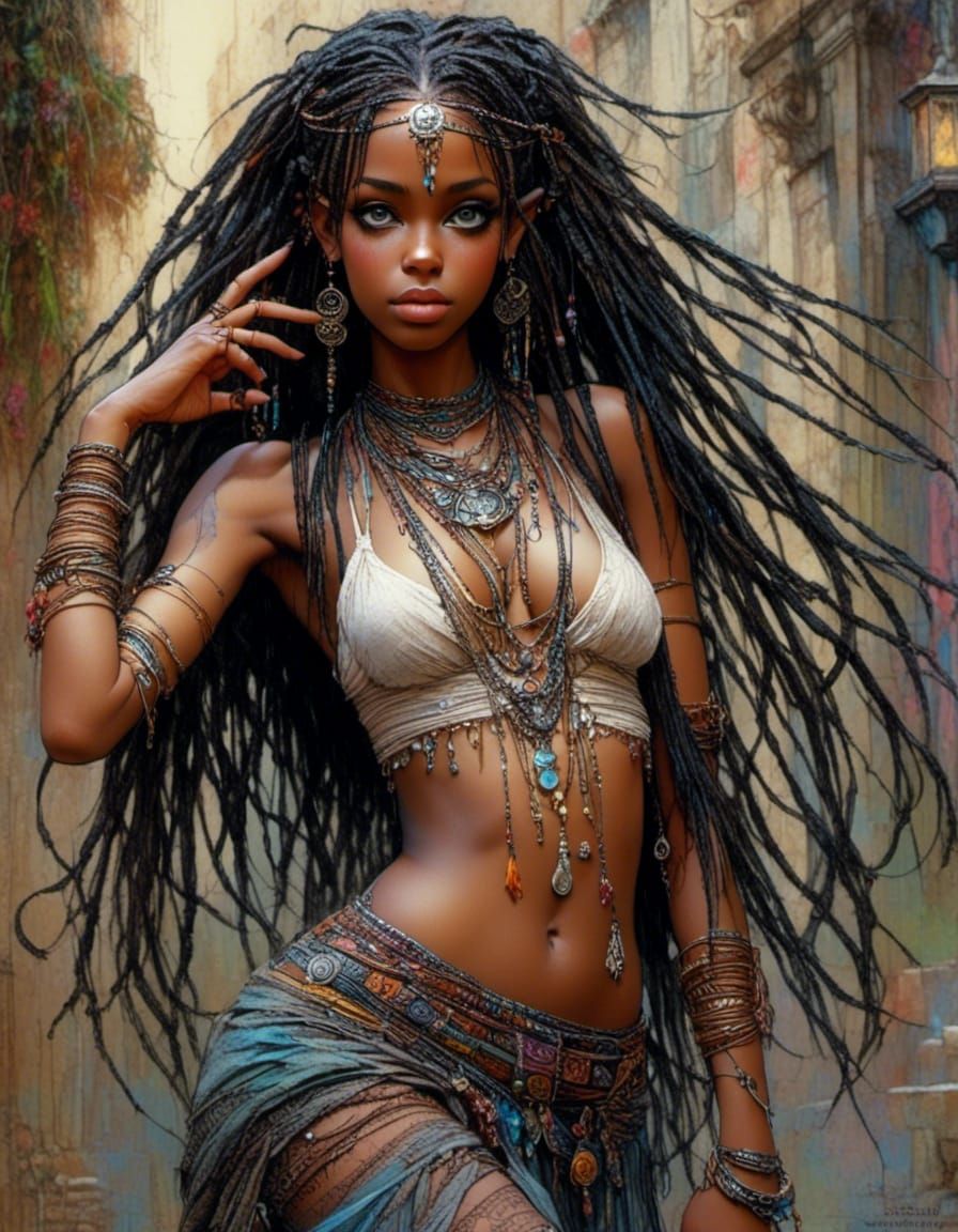 Ebony Belly Dancer in Lush Spanish Courtyard