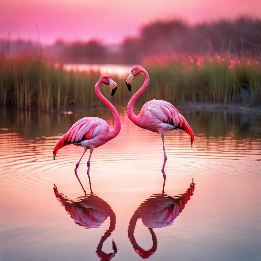 Pair of Pink flamingos, their necks forming a heart, standing beside calm waters; abstract, portraits HDRI, Peaceful, Ze...