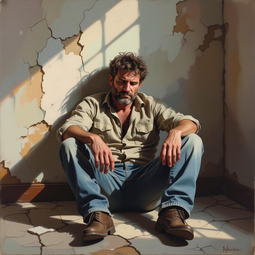 Weary Man in Dimly Lit Room: Realistic Digital Painting