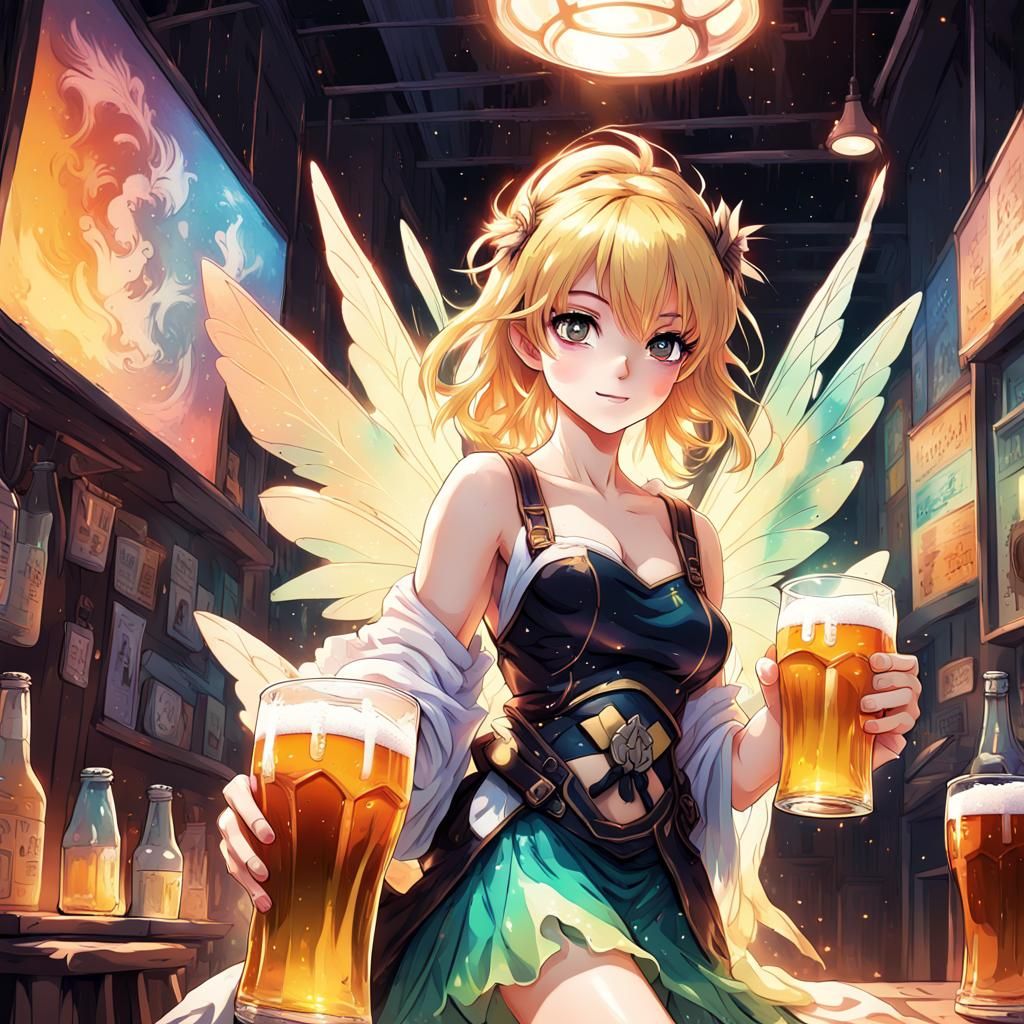 Anime Fairy with Beer Pints in Studio Trigger Style