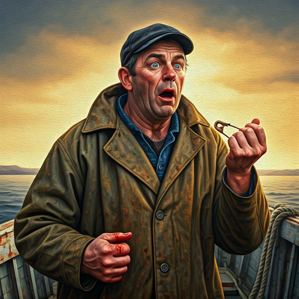 Northumbrian Fisherman Pricked by Safety Pin: Oil Painting
