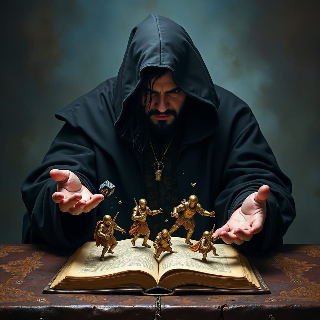 Brooding Hooded Figure with Dice in Dark Fantasy Style