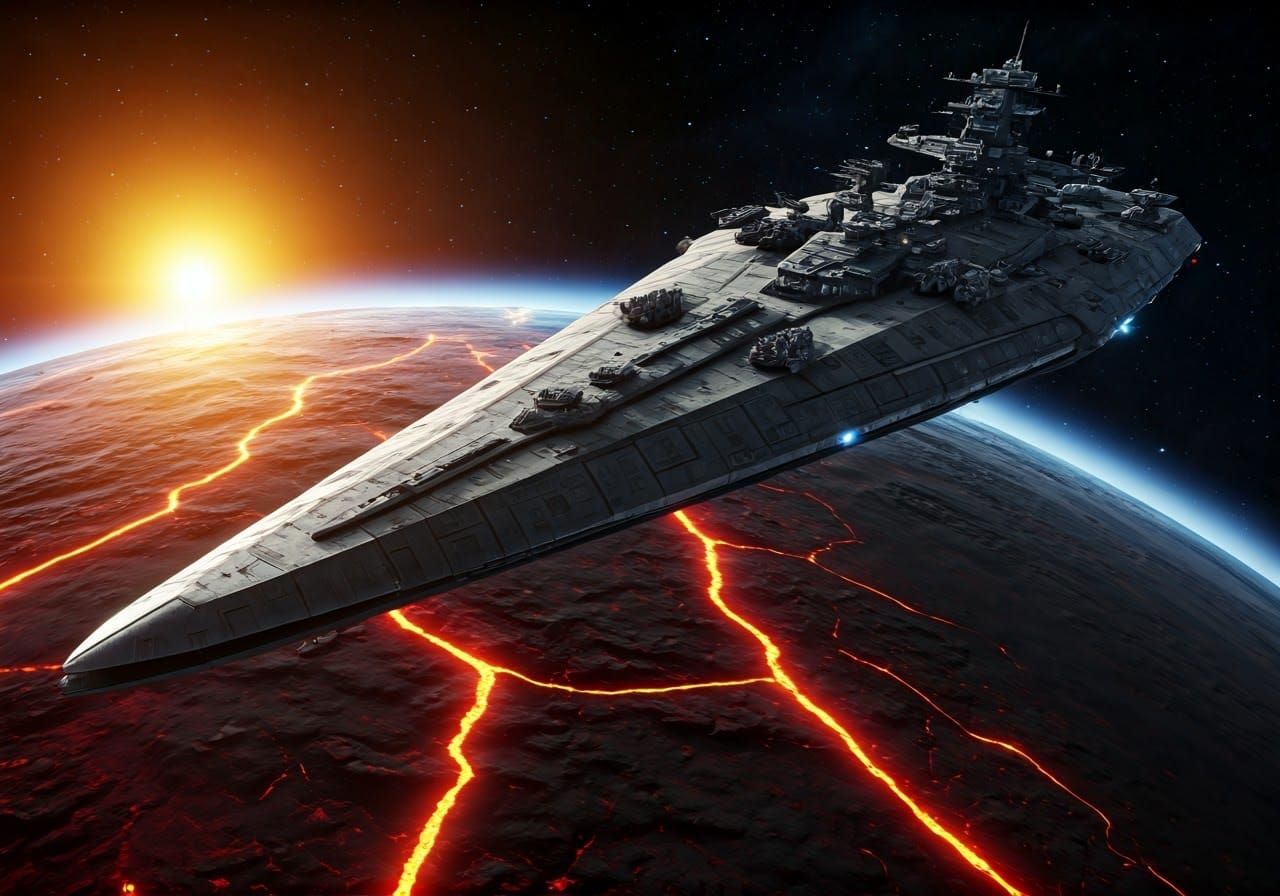 Epic Space Warship in Lava Planet Orbit