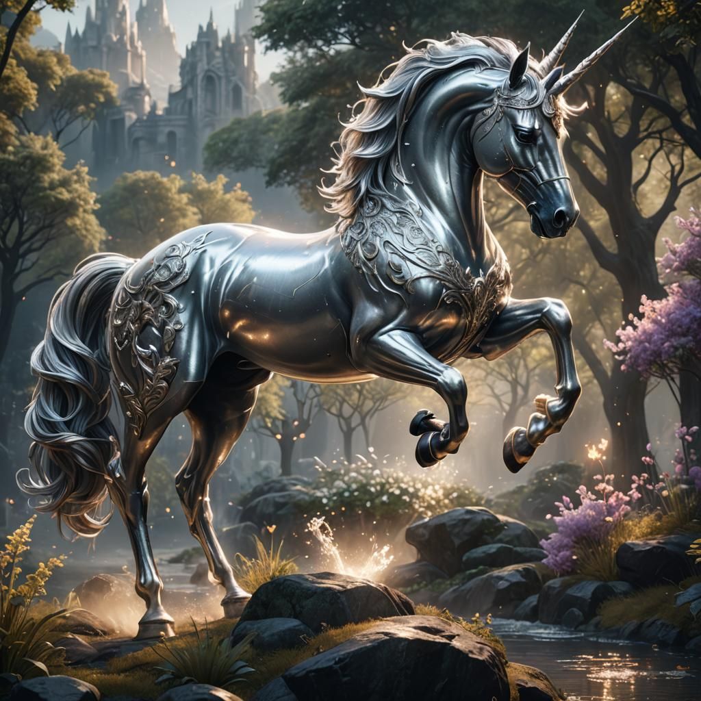 Glowing Silver Unicorn in Detailed Matte Painting