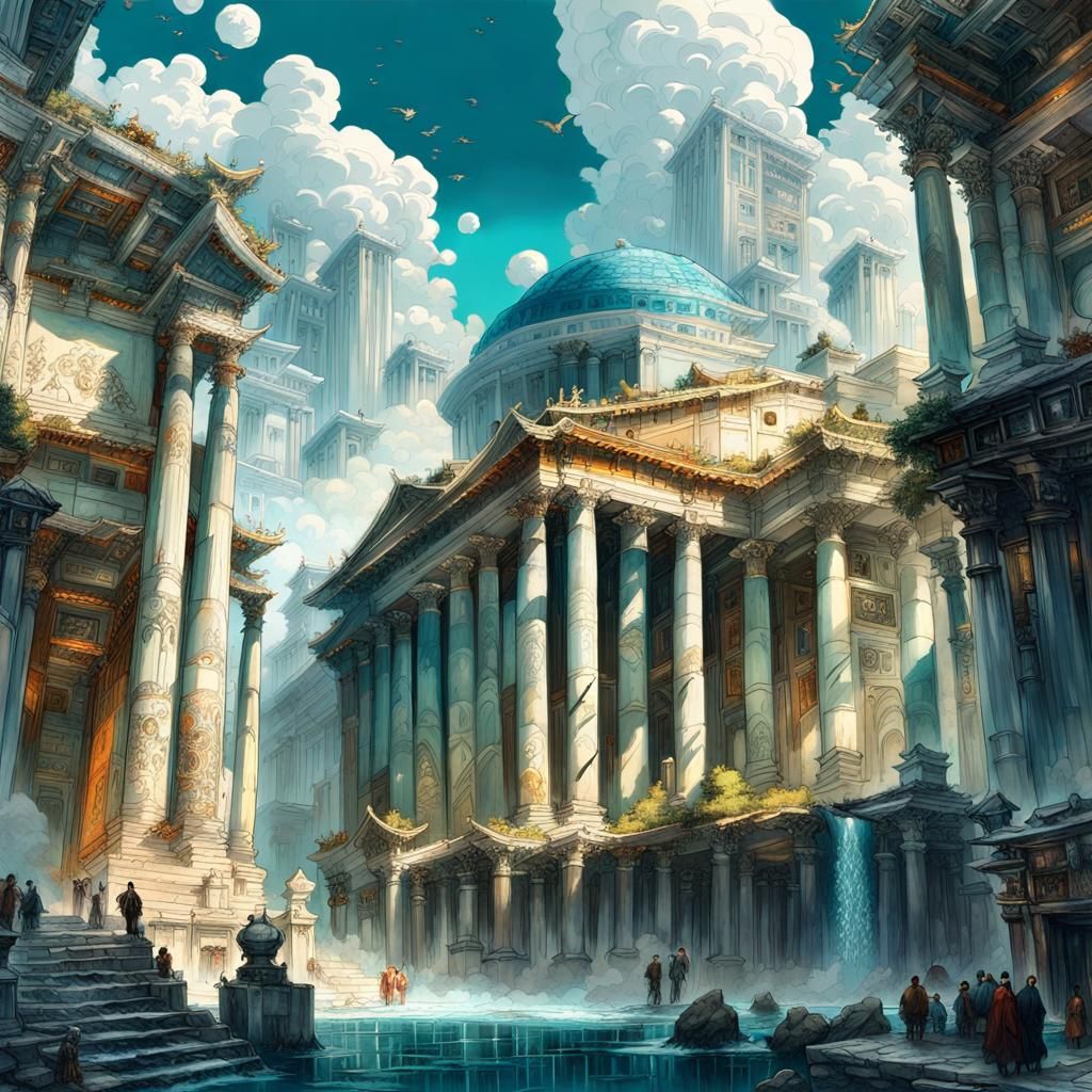Olympus City with Waterfalls in Vibrant Fantasy Style