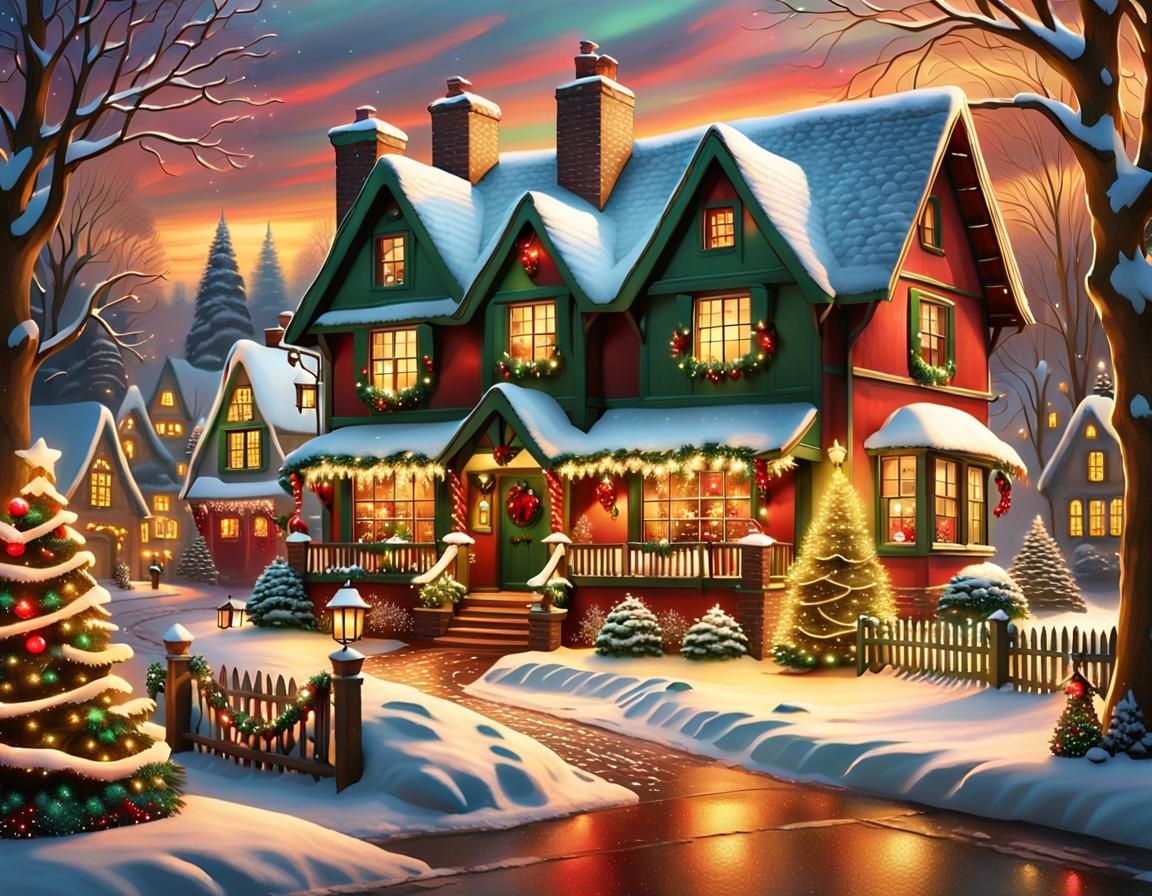 Warm Winter Wonderland Village Scene in Tudor Style