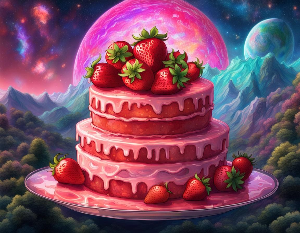 Strawberry Cake Lures Travelers: Cosmic Illustration
