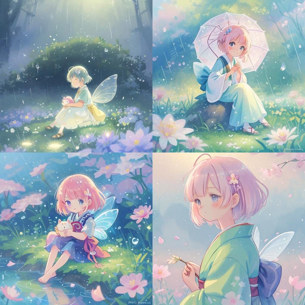 Anime Fairy with Raindrop on Flower